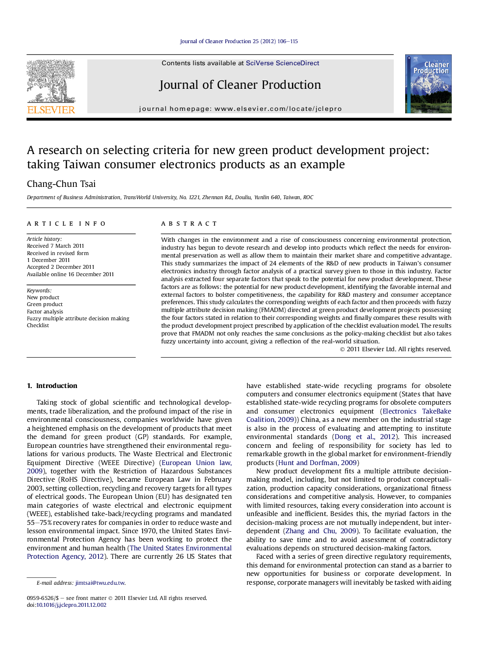 A research on selecting criteria for new green product development project: taking Taiwan consumer electronics products as an example