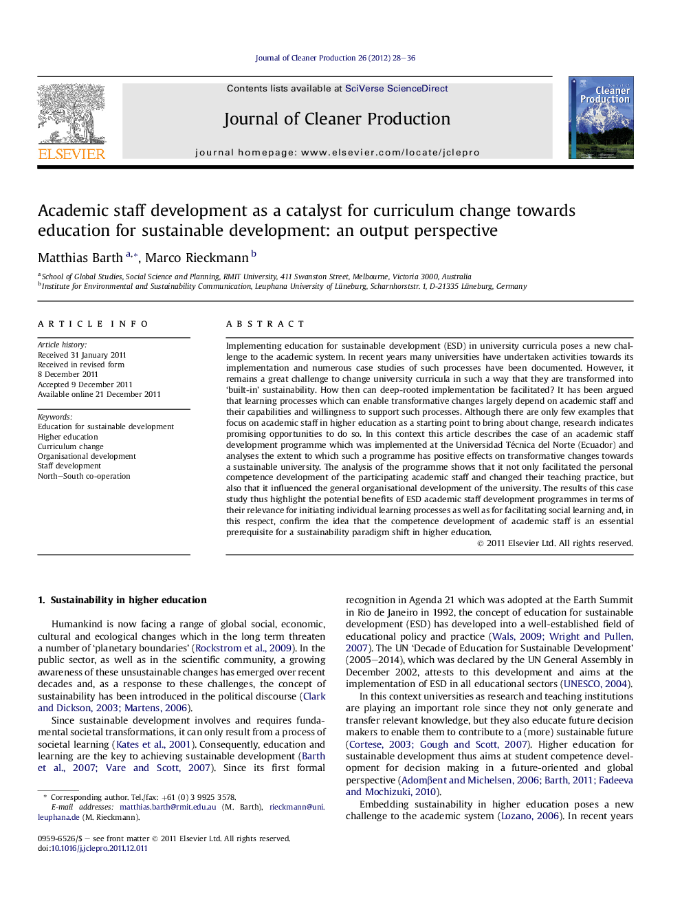 Academic staff development as a catalyst for curriculum change towards education for sustainable development: an output perspective