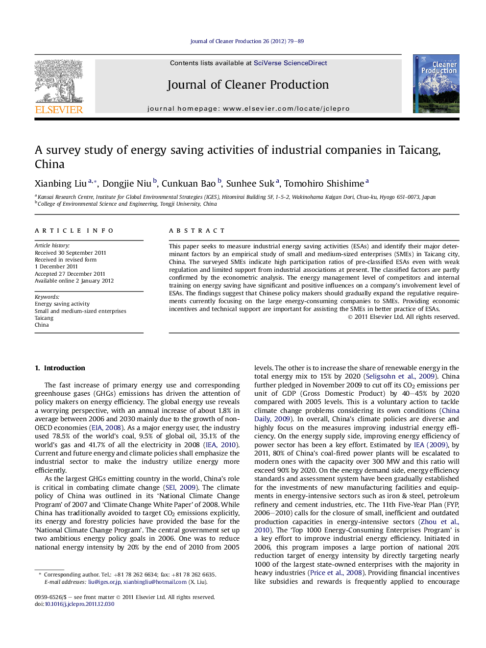 A survey study of energy saving activities of industrial companies in Taicang, China