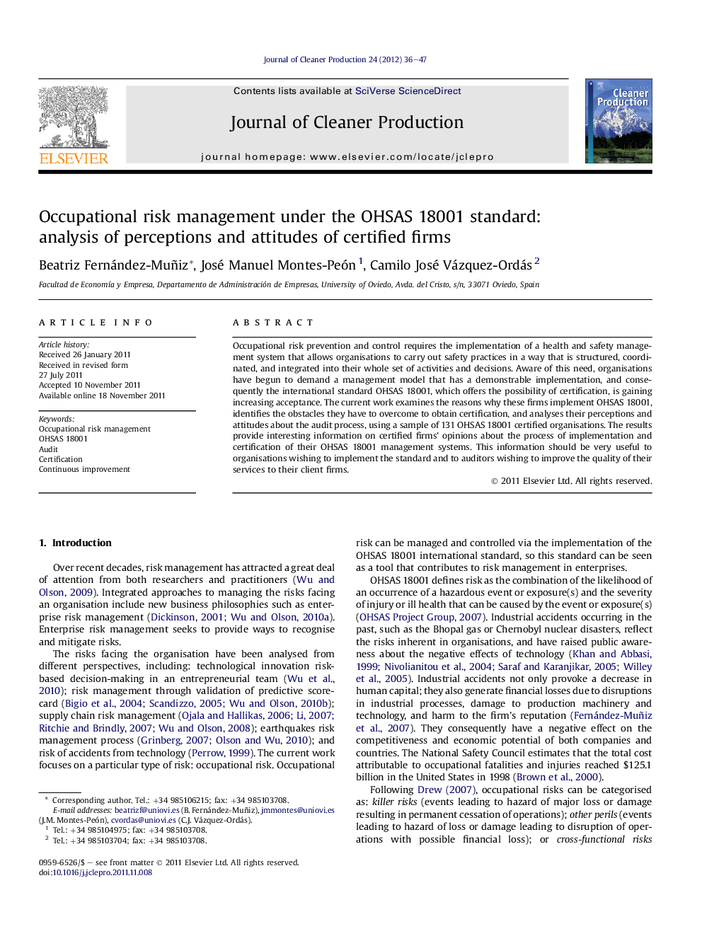 Occupational risk management under the OHSAS 18001 standard: analysis of perceptions and attitudes of certified firms