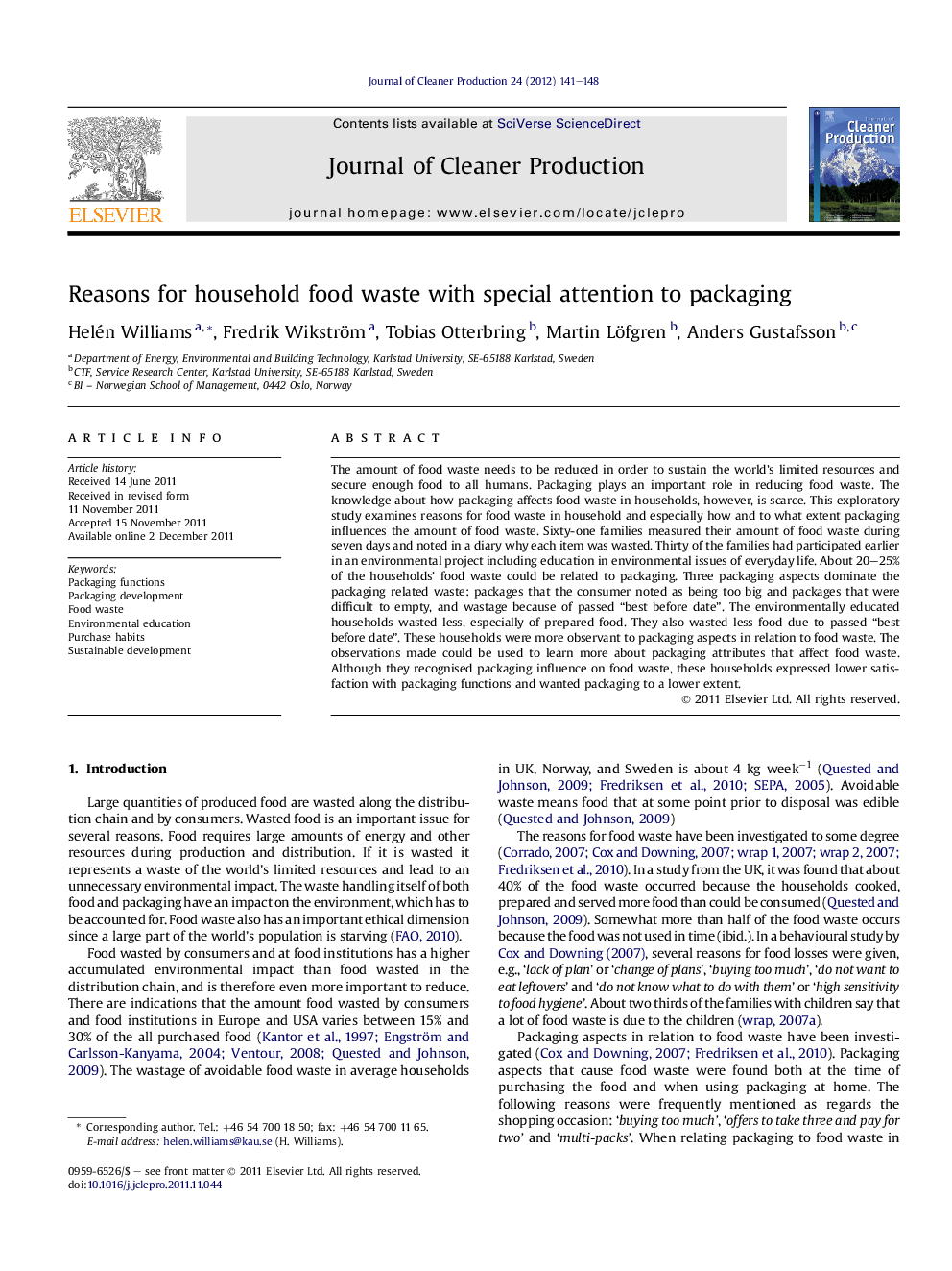 عکس صفحه اول مقاله: Reasons for household food waste with special attention to packaging Reasons for household food waste with special attention to packaging