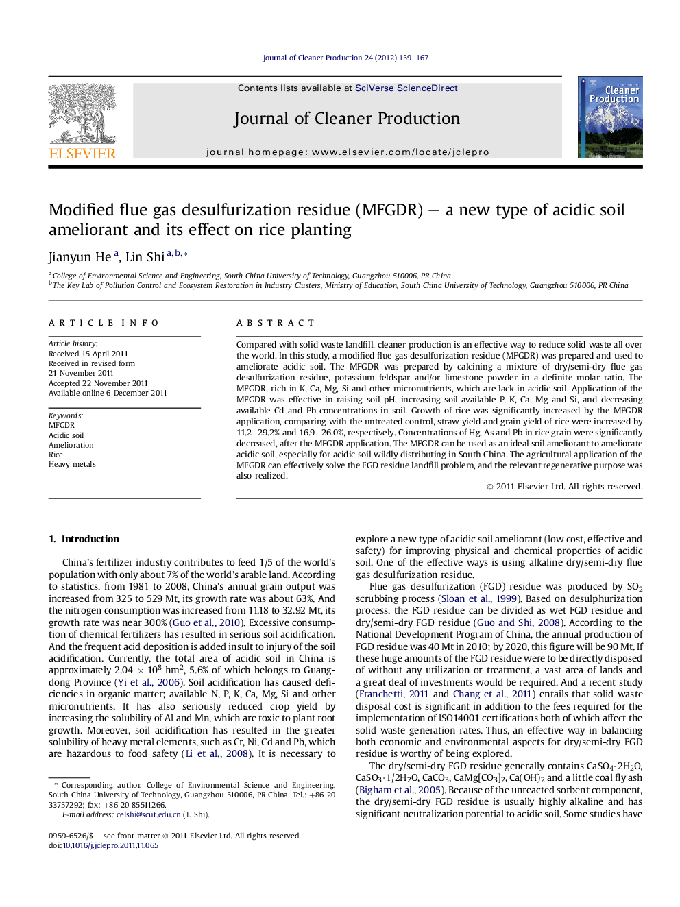 Modified flue gas desulfurization residue (MFGDR) – a new type of acidic soil ameliorant and its effect on rice planting