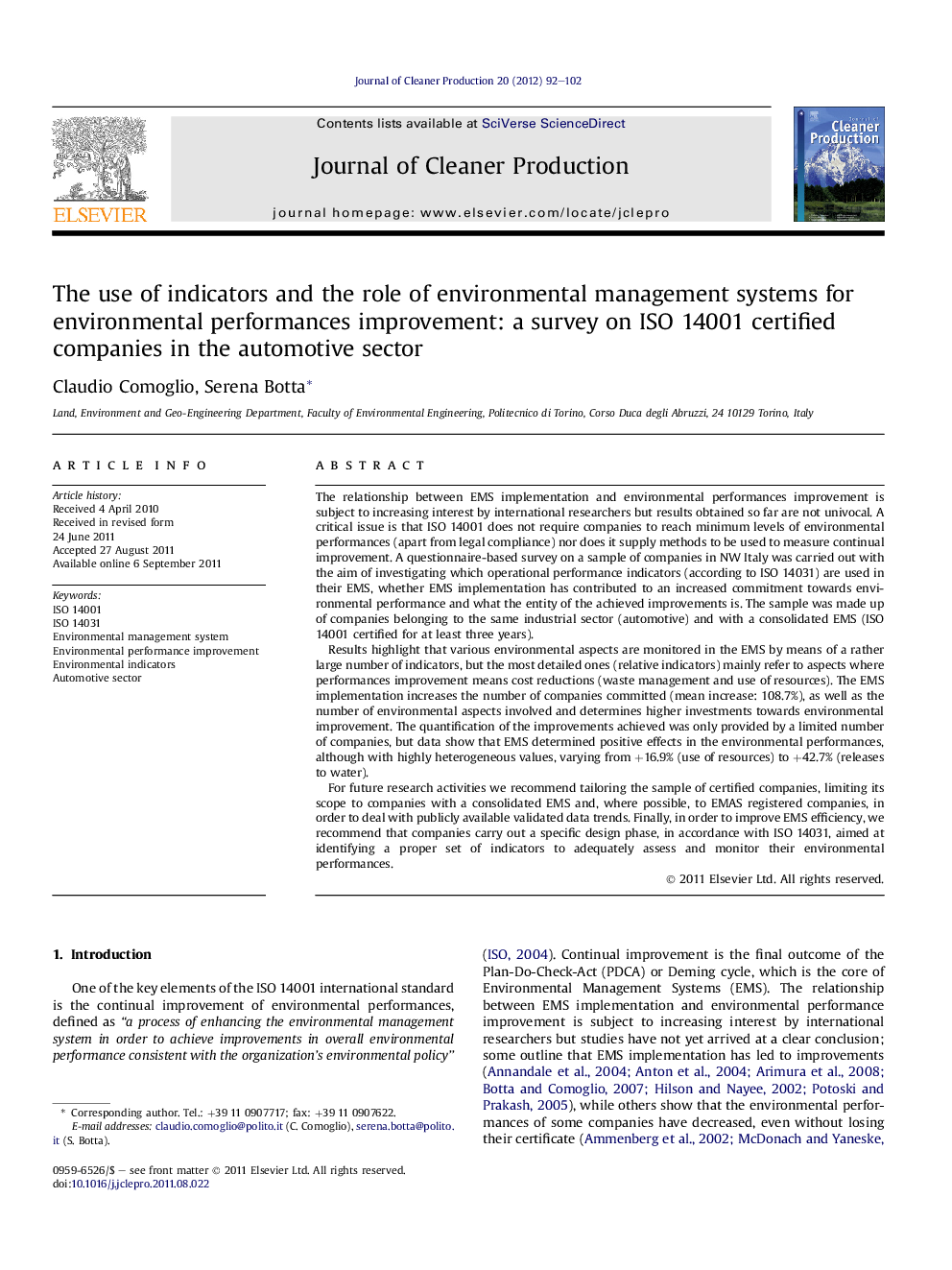 The use of indicators and the role of environmental management systems for environmental performances improvement: a survey on ISO 14001 certified companies in the automotive sector