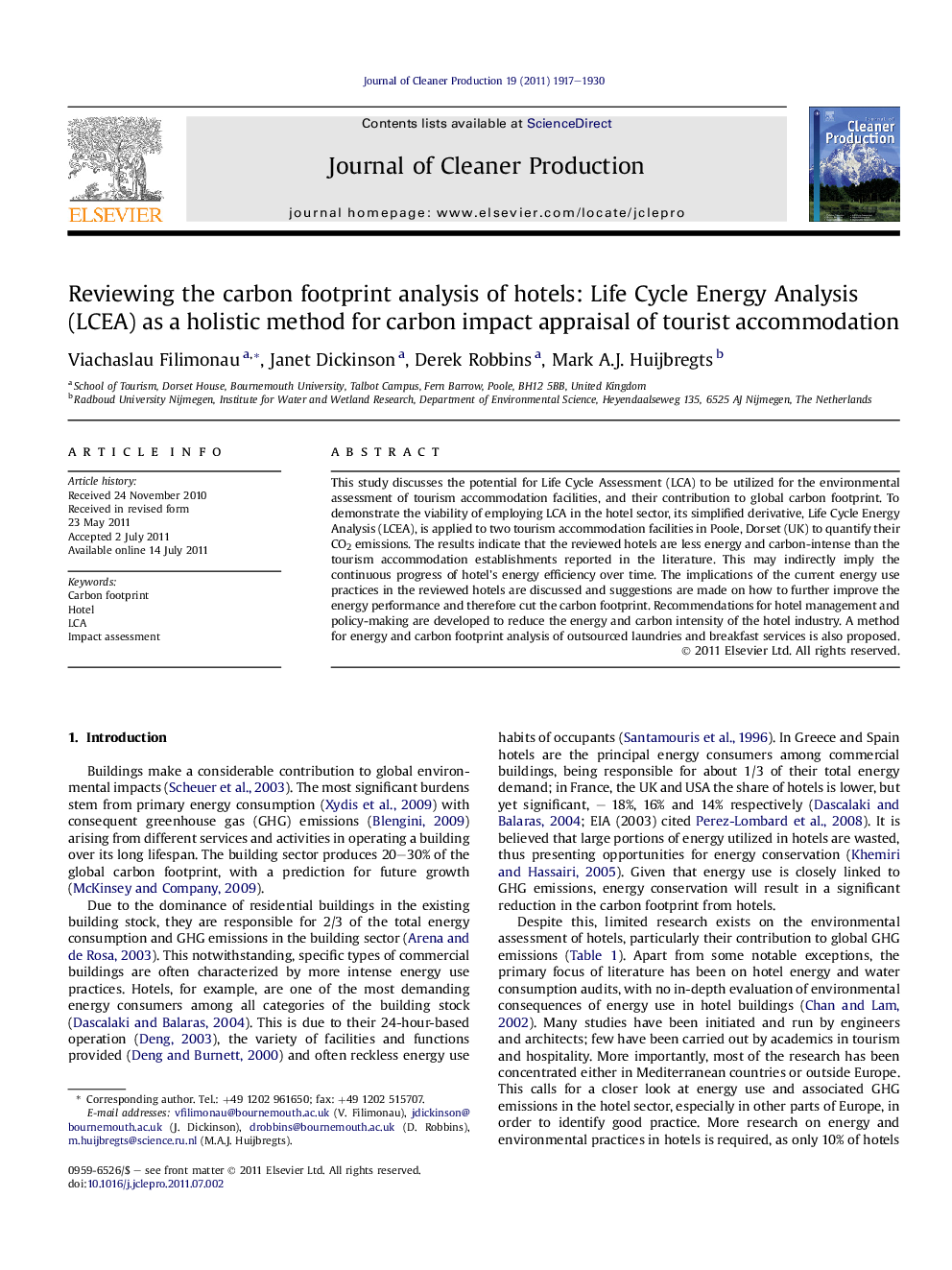 Reviewing the carbon footprint analysis of hotels: Life Cycle Energy Analysis (LCEA) as a holistic method for carbon impact appraisal of tourist accommodation