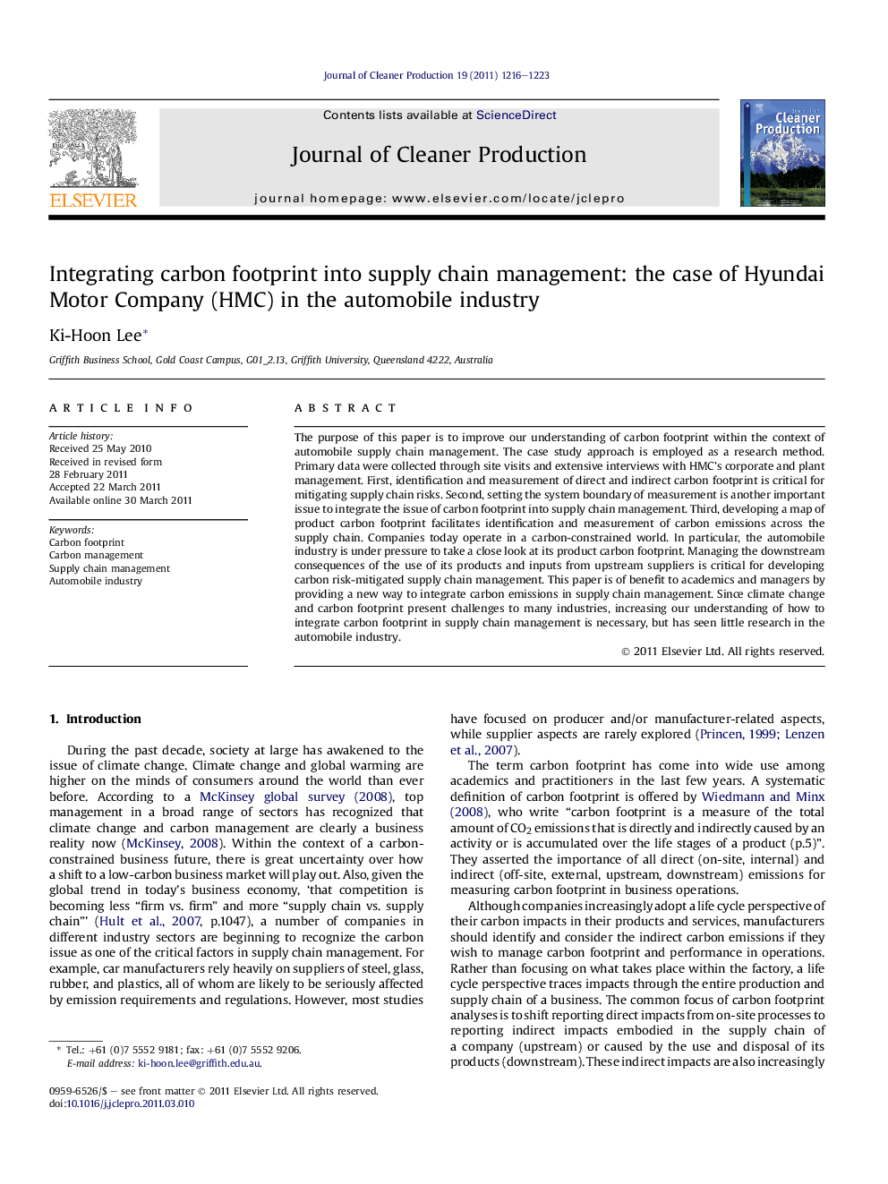 Integrating carbon footprint into supply chain management: the case of Hyundai Motor Company (HMC) in the automobile industry