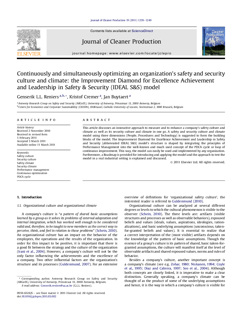 Continuously and simultaneously optimizing an organization’s safety and security culture and climate: the Improvement Diamond for Excellence Achievement and Leadership in Safety & Security (IDEAL S&S) model