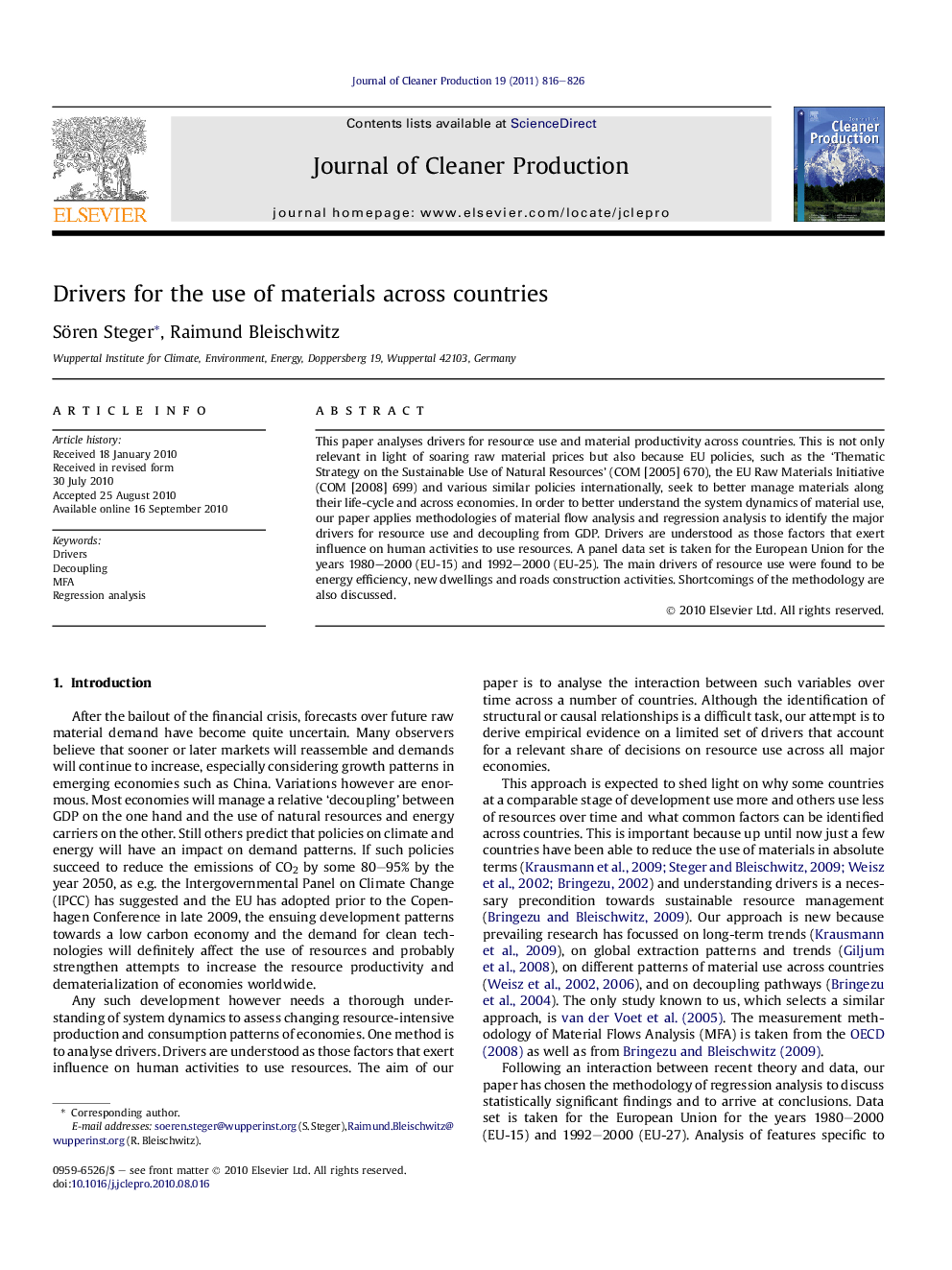 Drivers for the use of materials across countries