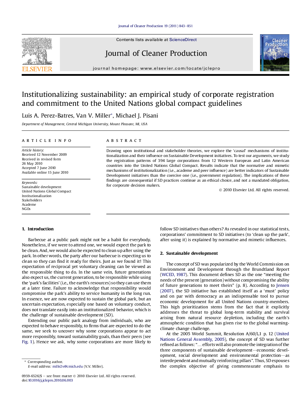 Institutionalizing sustainability: an empirical study of corporate registration and commitment to the United Nations global compact guidelines