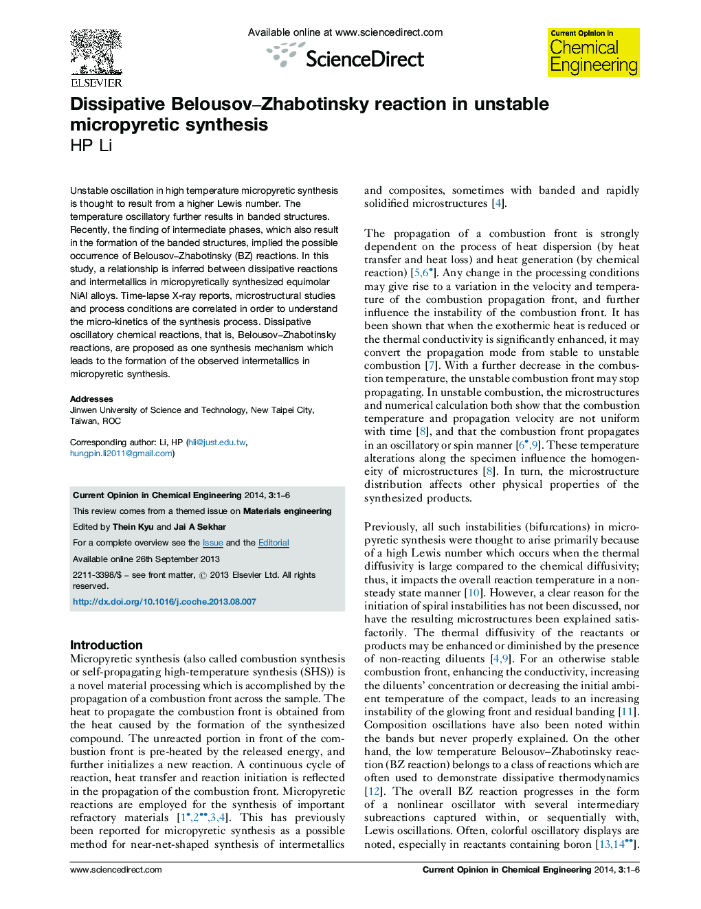 Dissipative Belousov–Zhabotinsky reaction in unstable micropyretic synthesis