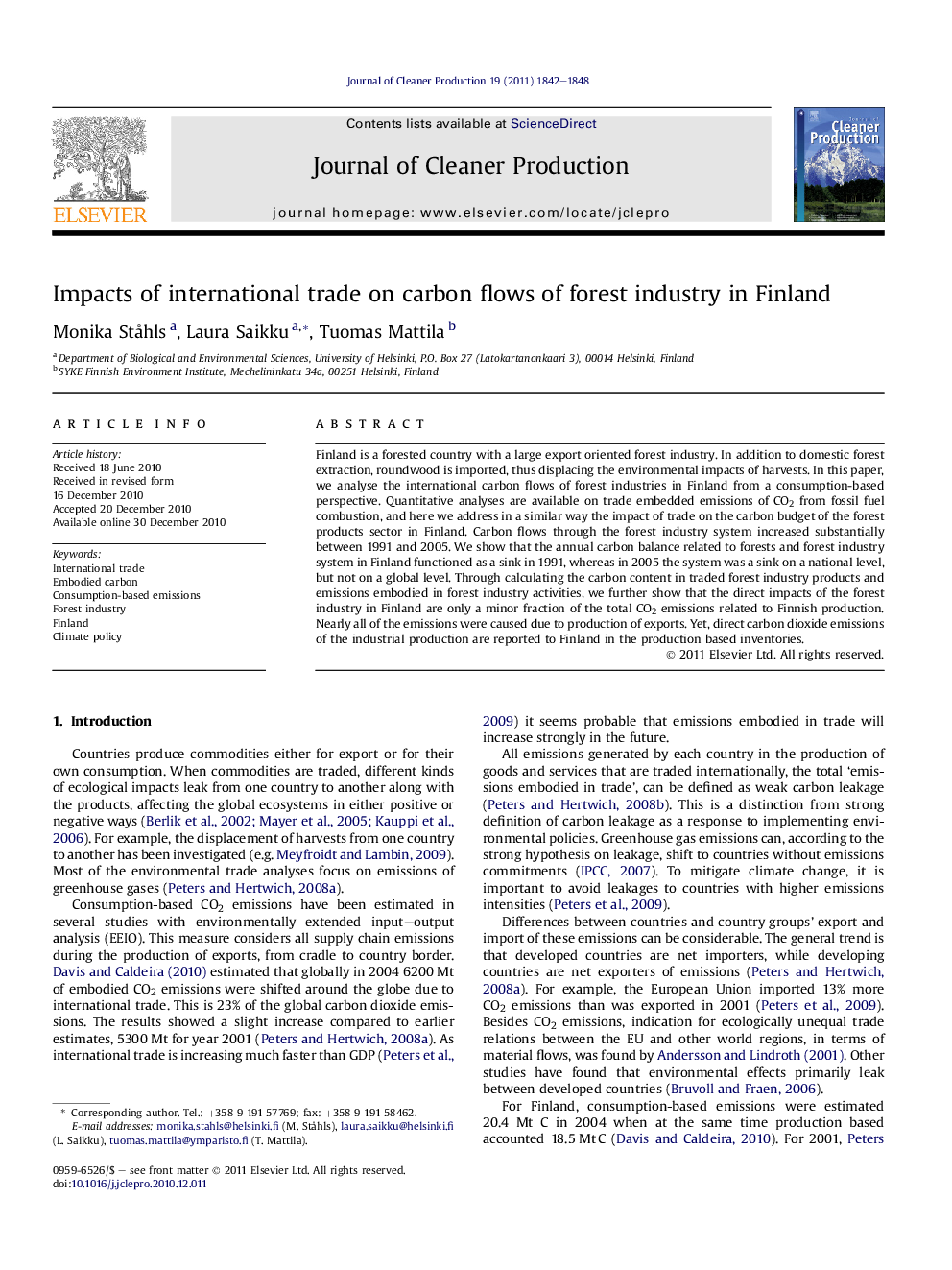 Impacts of international trade on carbon flows of forest industry in Finland