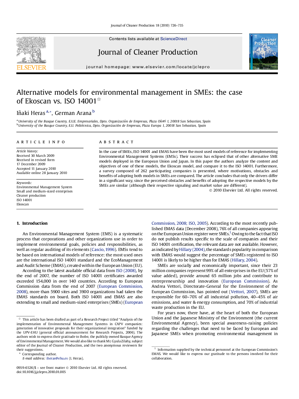 Alternative models for environmental management in SMEs: the case of Ekoscan vs. ISO 14001