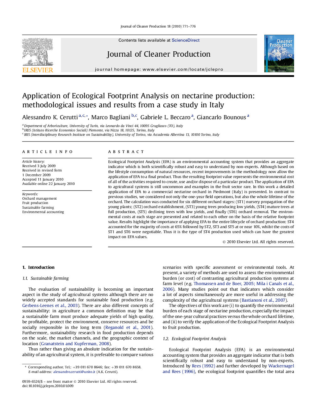 Application of Ecological Footprint Analysis on nectarine production: methodological issues and results from a case study in Italy