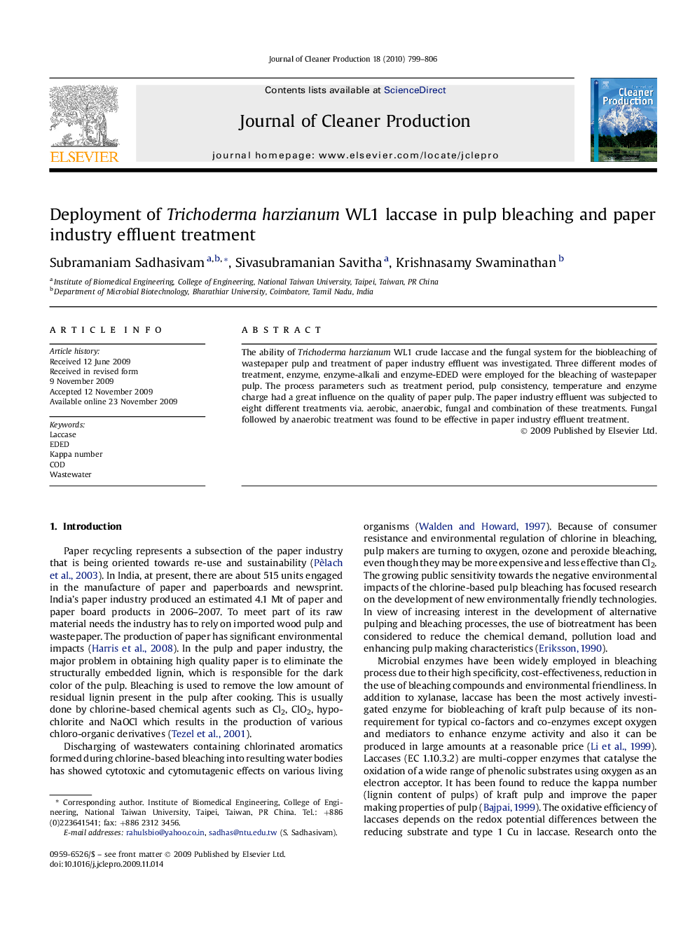 Deployment of Trichoderma harzianum WL1 laccase in pulp bleaching and paper industry effluent treatment