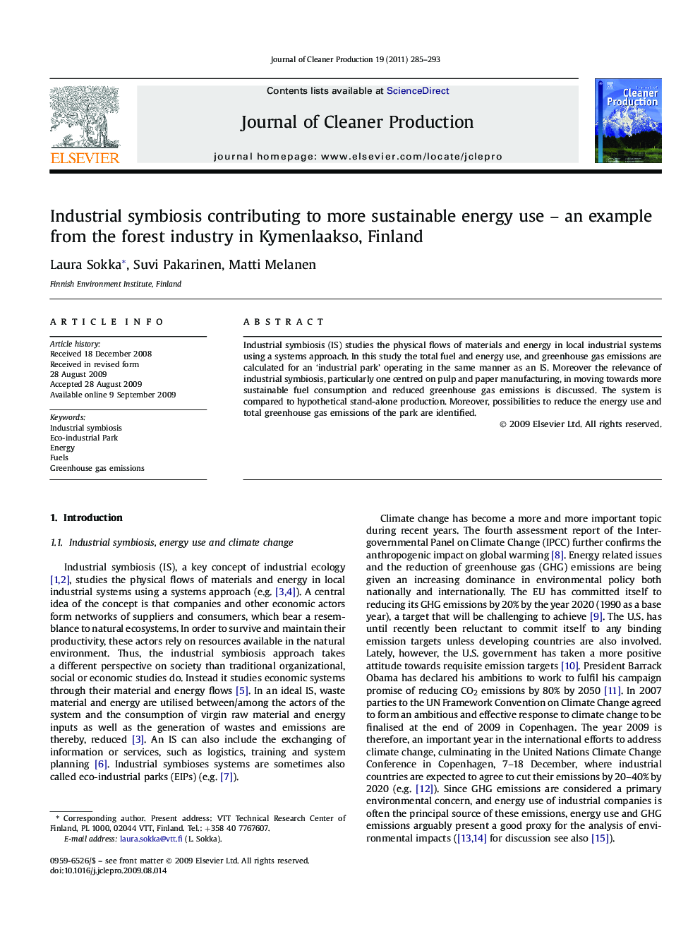 Industrial symbiosis contributing to more sustainable energy use – an example from the forest industry in Kymenlaakso, Finland