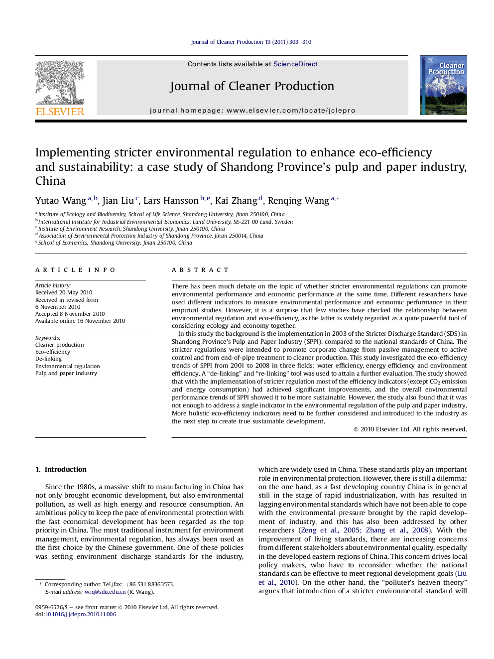 Implementing stricter environmental regulation to enhance eco-efficiency and sustainability: a case study of Shandong Province’s pulp and paper industry, China