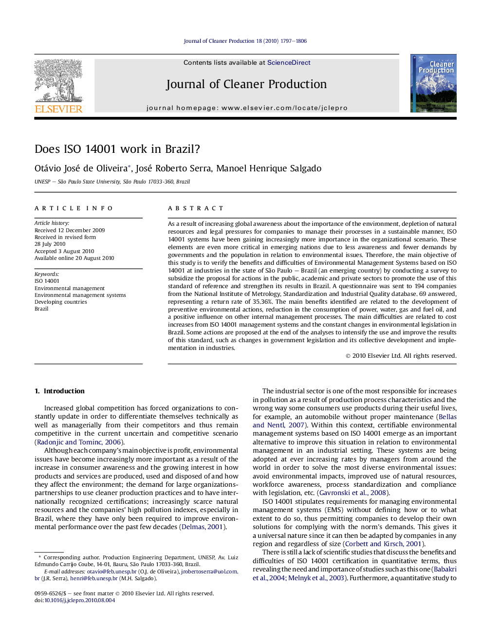 Does ISO 14001 work in Brazil?