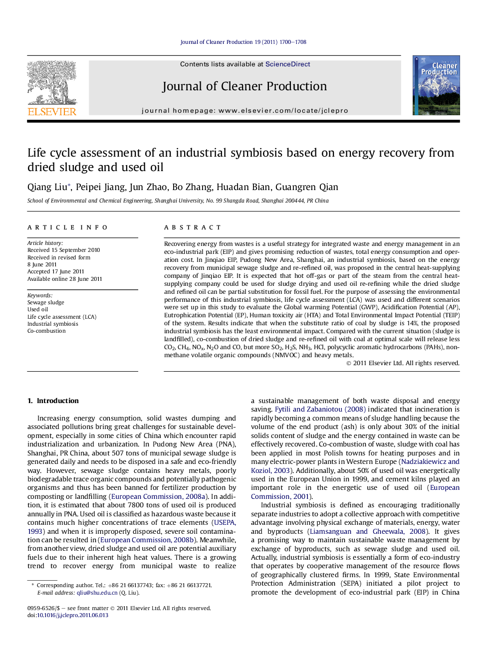 عکس صفحه اول مقاله: Life cycle assessment of an industrial symbiosis based on energy recovery from dried sludge and used oil Life cycle assessment of an industrial symbiosis based on energy recovery from dried sludge and used oil