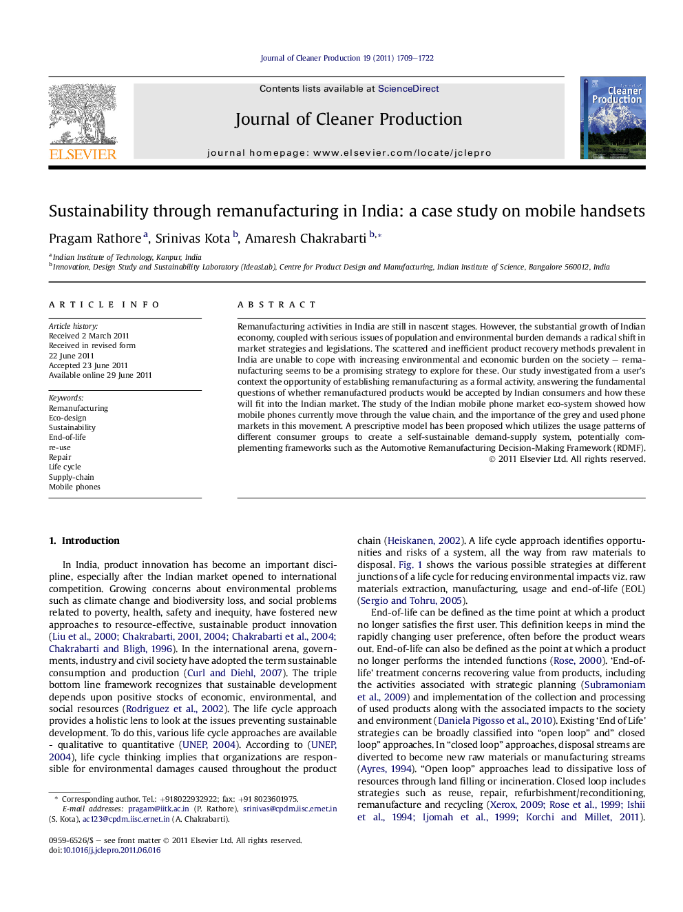 عکس صفحه اول مقاله: Sustainability through remanufacturing in India: a case study on mobile handsets Sustainability through remanufacturing in India: a case study on mobile handsets