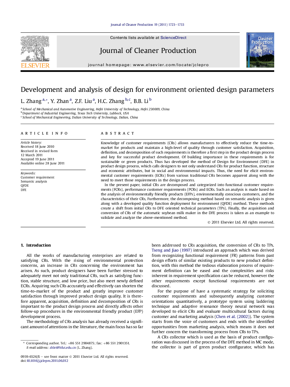 Development and analysis of design for environment oriented design parameters