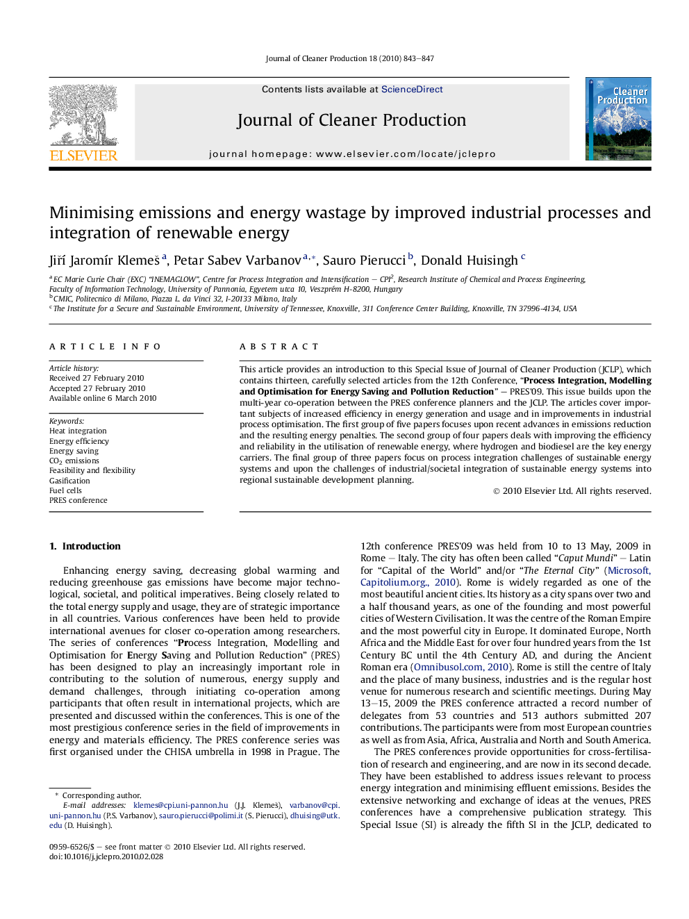 عکس صفحه اول مقاله: Minimising emissions and energy wastage by improved industrial processes and integration of renewable energy Minimising emissions and energy wastage by improved industrial processes and integration of renewable energy