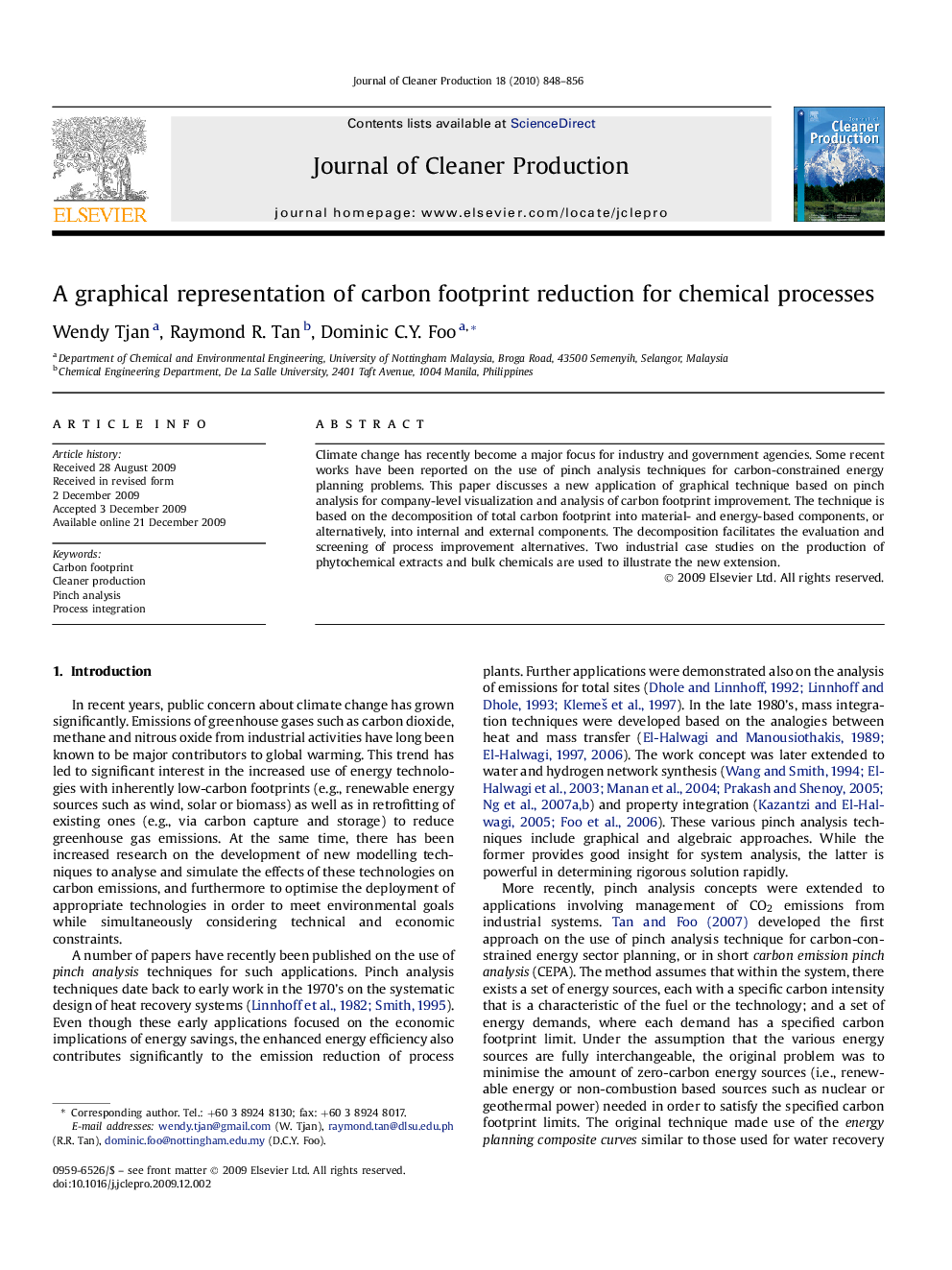 A graphical representation of carbon footprint reduction for chemical processes