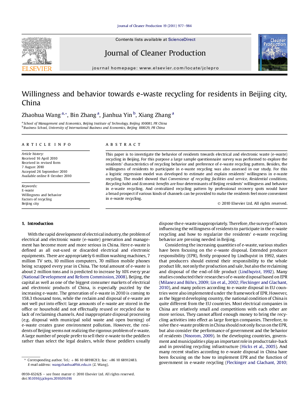 Willingness and behavior towards e-waste recycling for residents in Beijing city, China