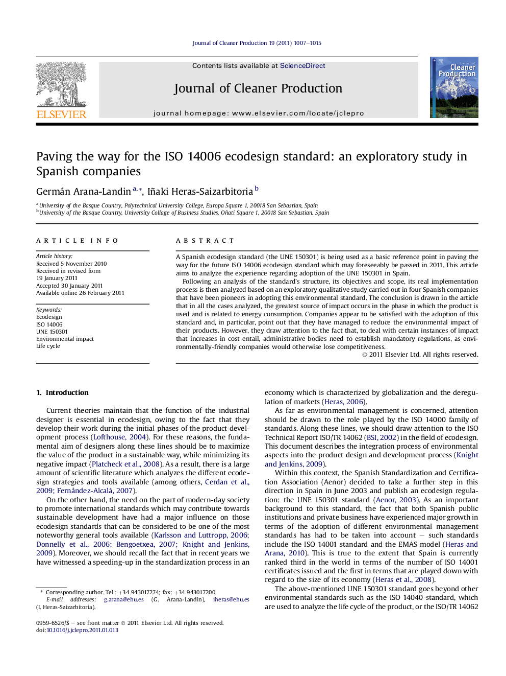 عکس صفحه اول مقاله: Paving the way for the ISO 14006 ecodesign standard: an exploratory study in Spanish companies Paving the way for the ISO 14006 ecodesign standard: an exploratory study in Spanish companies