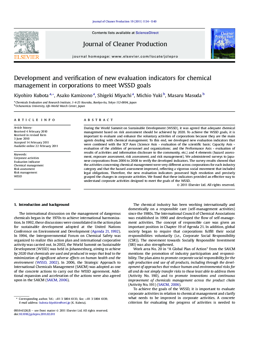 Development and verification of new evaluation indicators for chemical management in corporations to meet WSSD goals