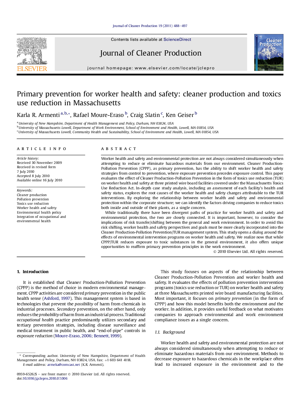 Primary prevention for worker health and safety: cleaner production and toxics use reduction in Massachusetts