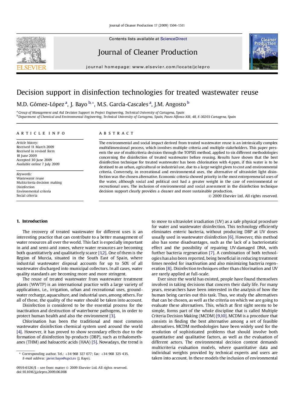 Decision support in disinfection technologies for treated wastewater reuse