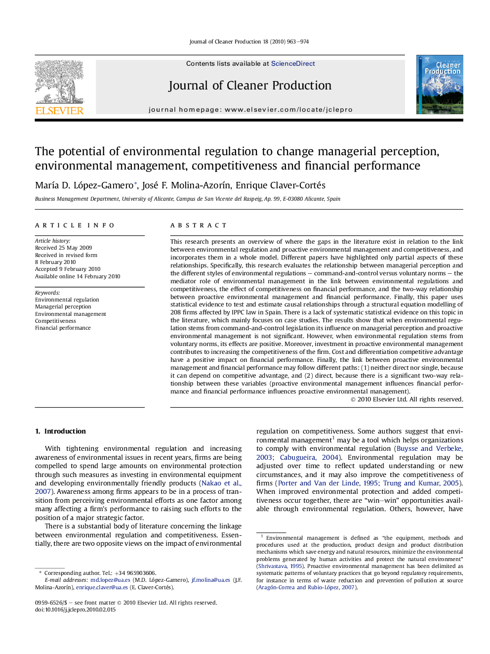 The potential of environmental regulation to change managerial perception, environmental management, competitiveness and financial performance