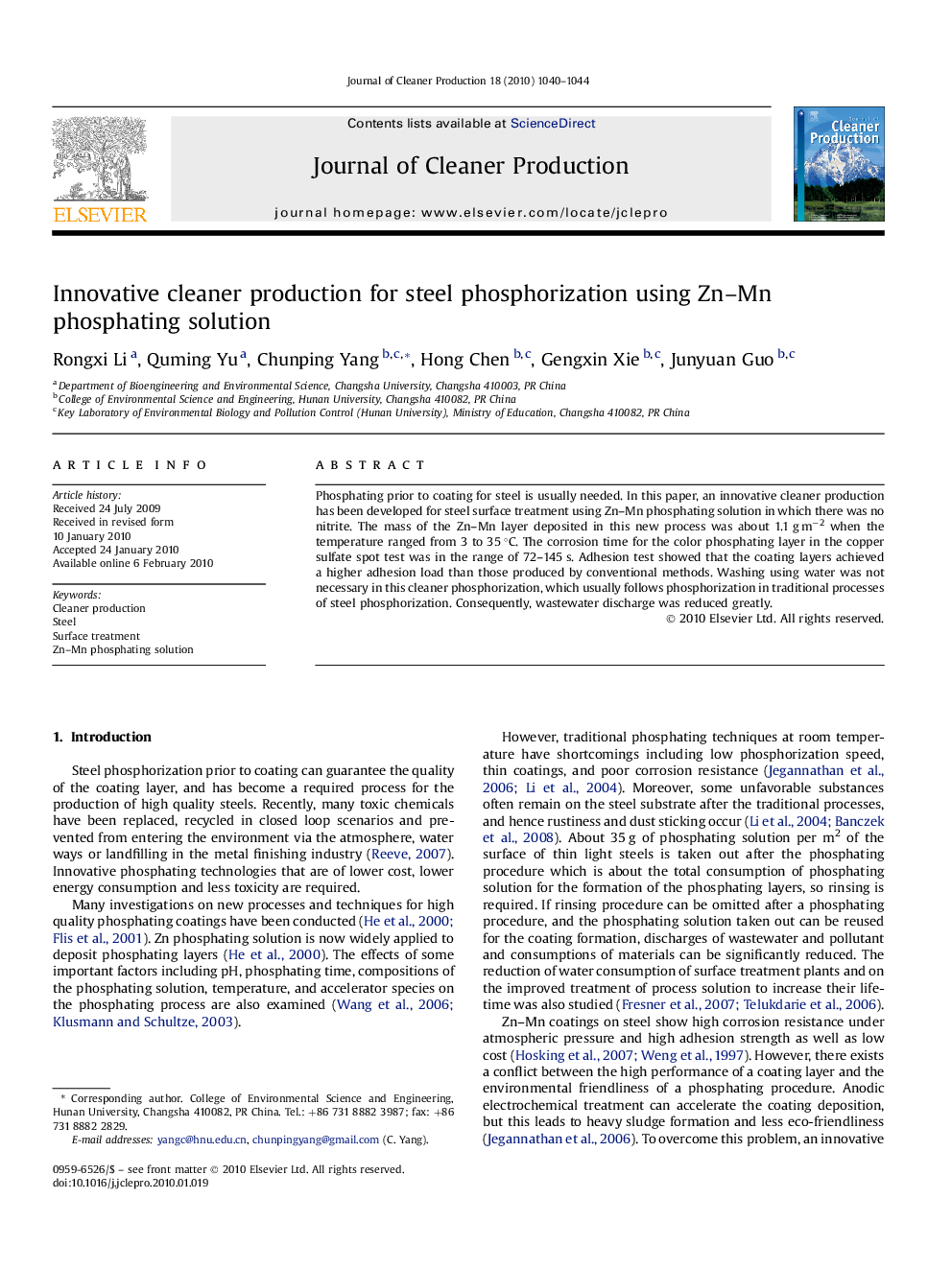 Innovative cleaner production for steel phosphorization using Zn–Mn phosphating solution