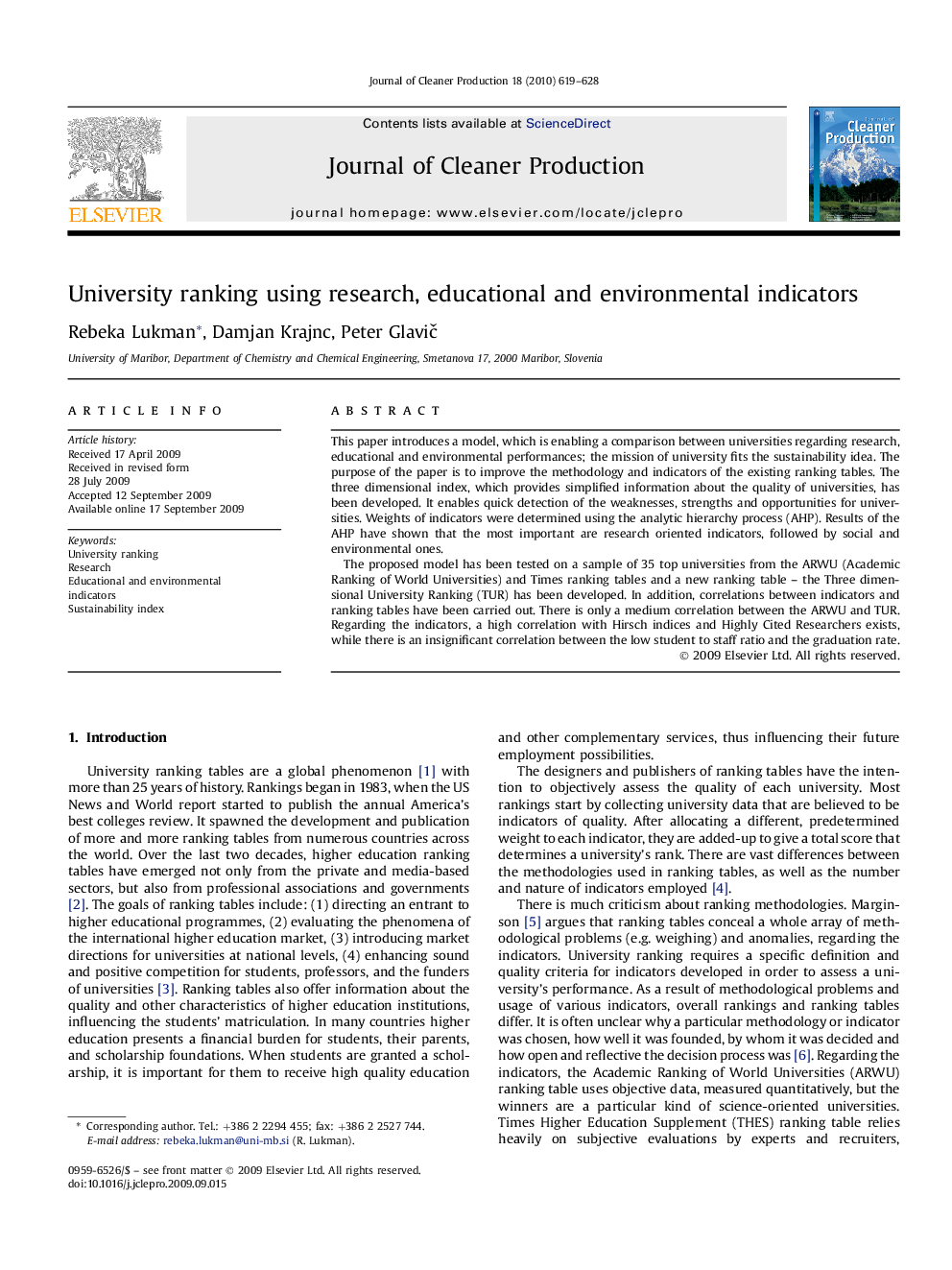 عکس صفحه اول مقاله: University ranking using research, educational and environmental indicators University ranking using research, educational and environmental indicators