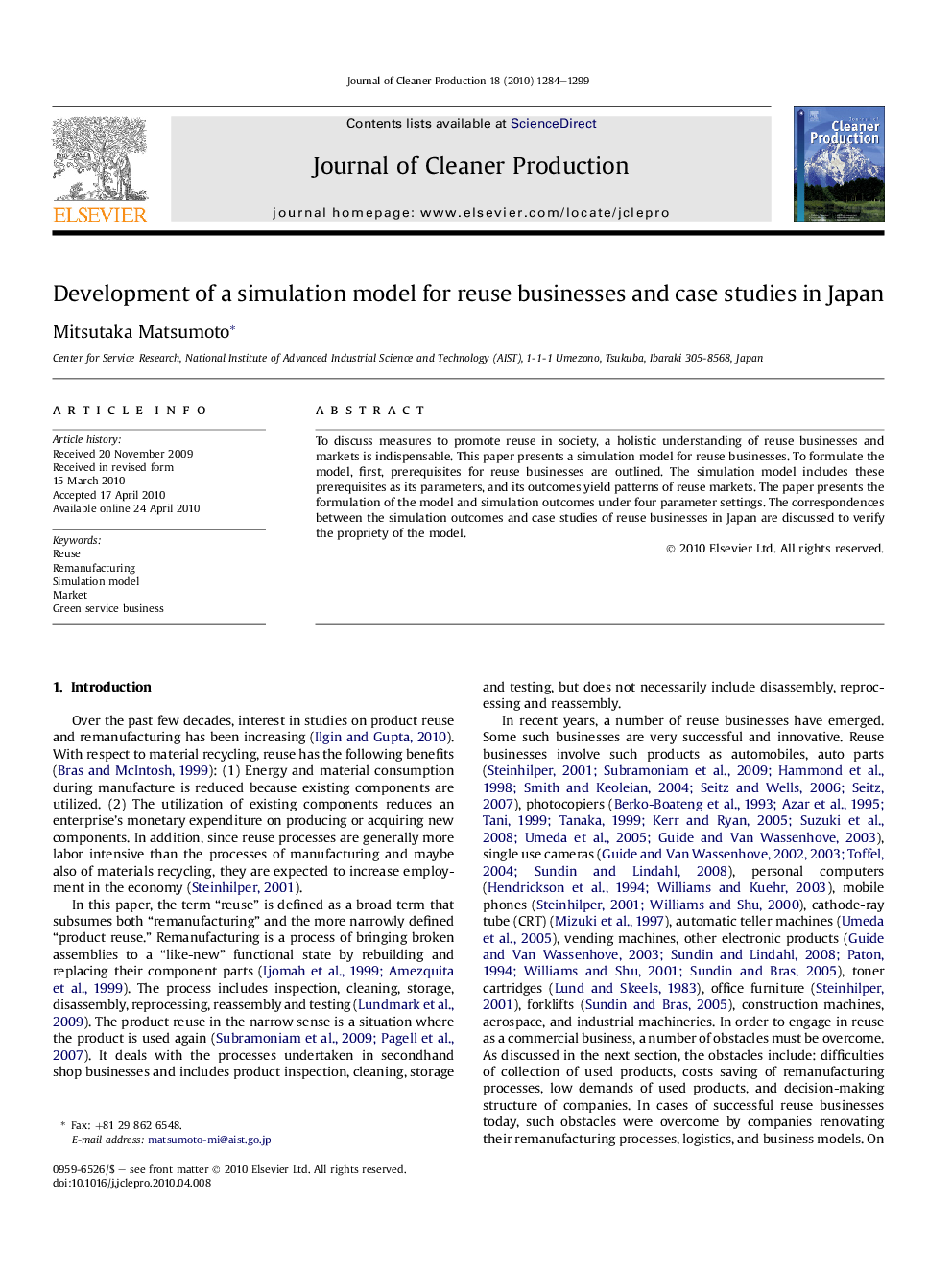 عکس صفحه اول مقاله: Development of a simulation model for reuse businesses and case studies in Japan Development of a simulation model for reuse businesses and case studies in Japan