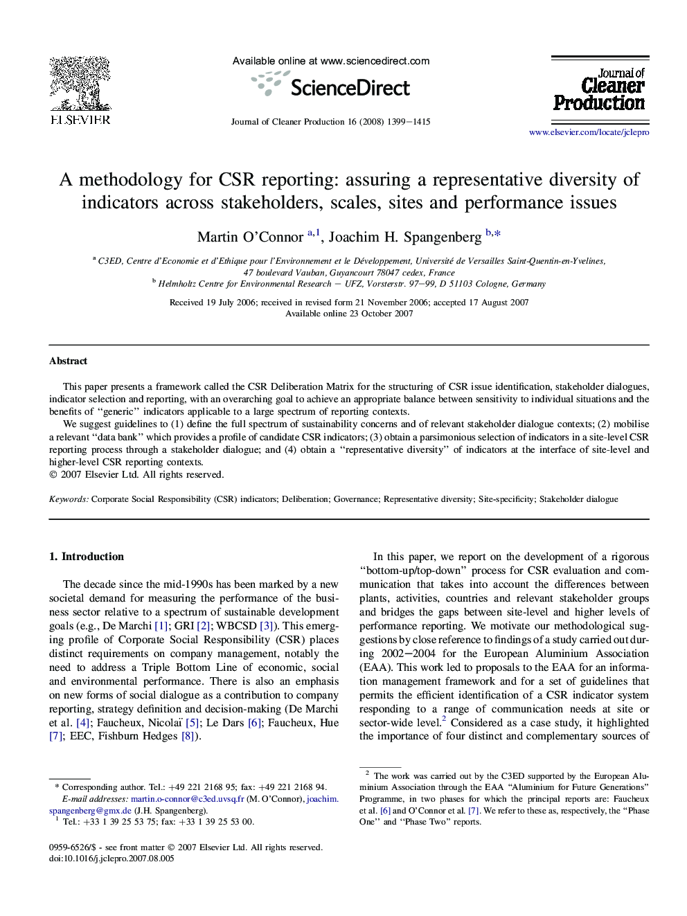 عکس صفحه اول مقاله: A methodology for CSR reporting: assuring a representative diversity of indicators across stakeholders, scales, sites and performance issues A methodology for CSR reporting: assuring a representative diversity of indicators across stakeholders, scales, sites and performance issues