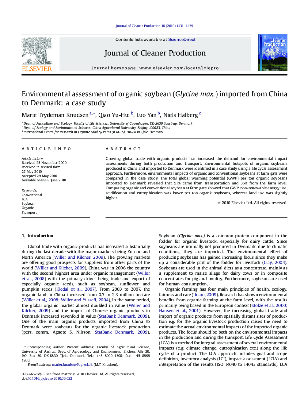 Environmental assessment of organic soybean (Glycine max.) imported from China to Denmark: a case study