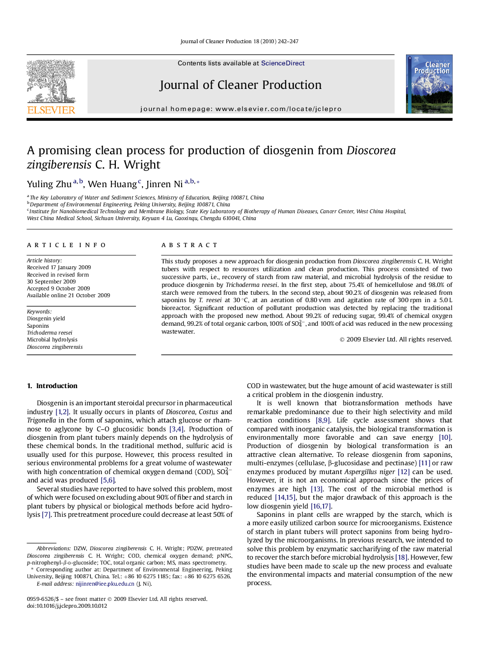 A promising clean process for production of diosgenin from Dioscorea zingiberensis C. H. Wright