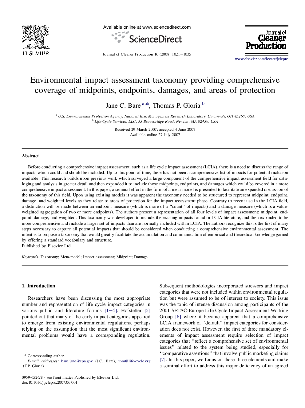 Environmental impact assessment taxonomy providing comprehensive coverage of midpoints, endpoints, damages, and areas of protection