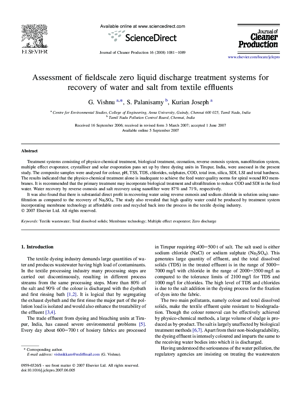 Assessment of fieldscale zero liquid discharge treatment systems for recovery of water and salt from textile effluents