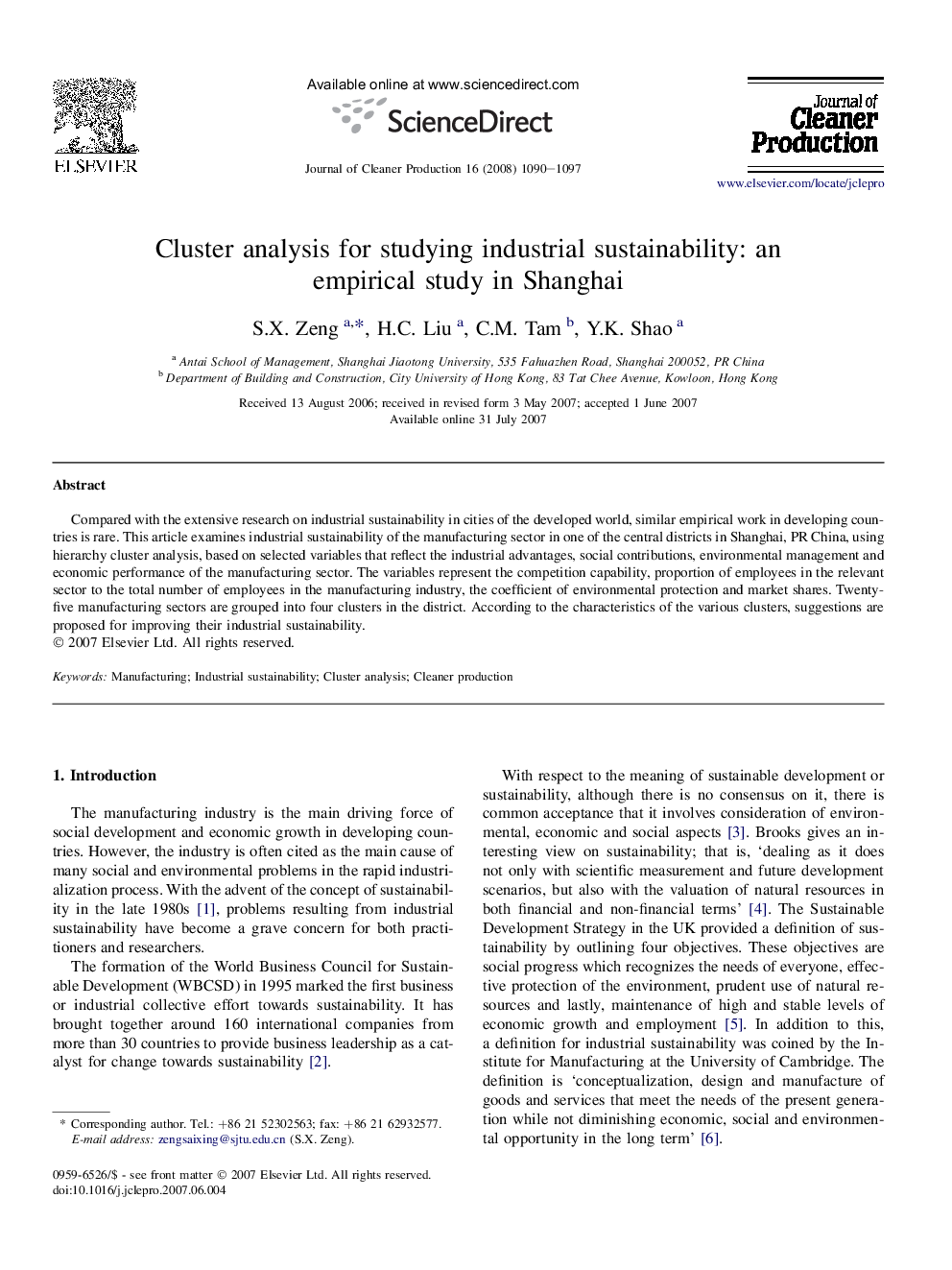 Cluster analysis for studying industrial sustainability: an empirical study in Shanghai