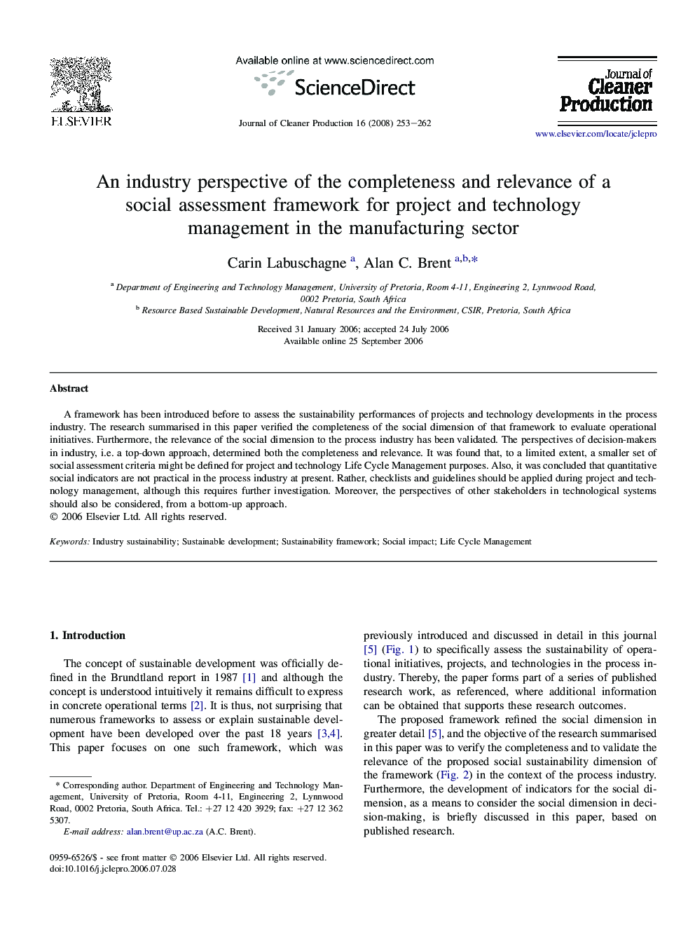 An industry perspective of the completeness and relevance of a social assessment framework for project and technology management in the manufacturing sector