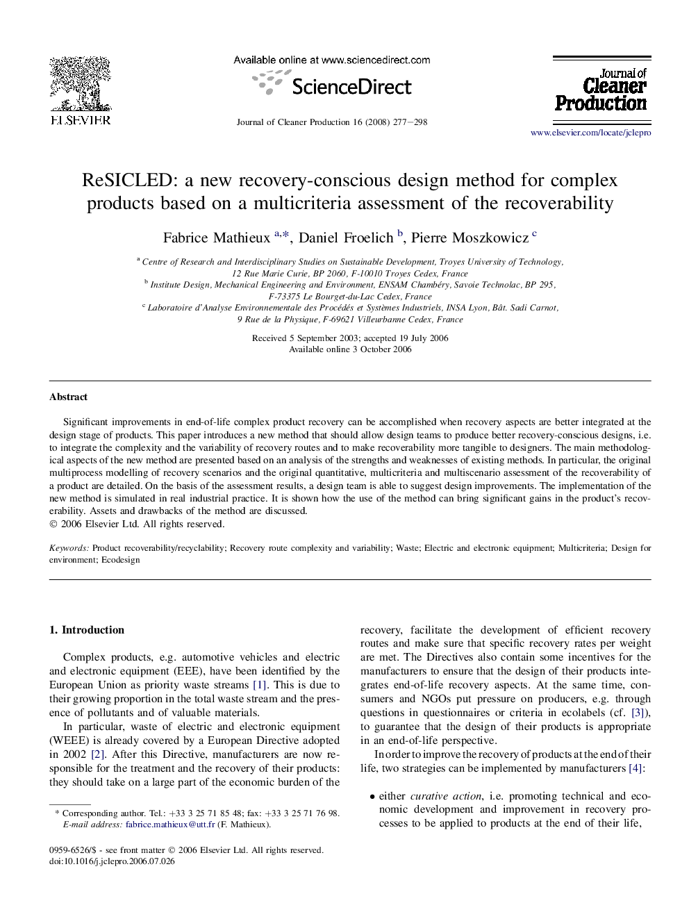 ReSICLED: a new recovery-conscious design method for complex products based on a multicriteria assessment of the recoverability