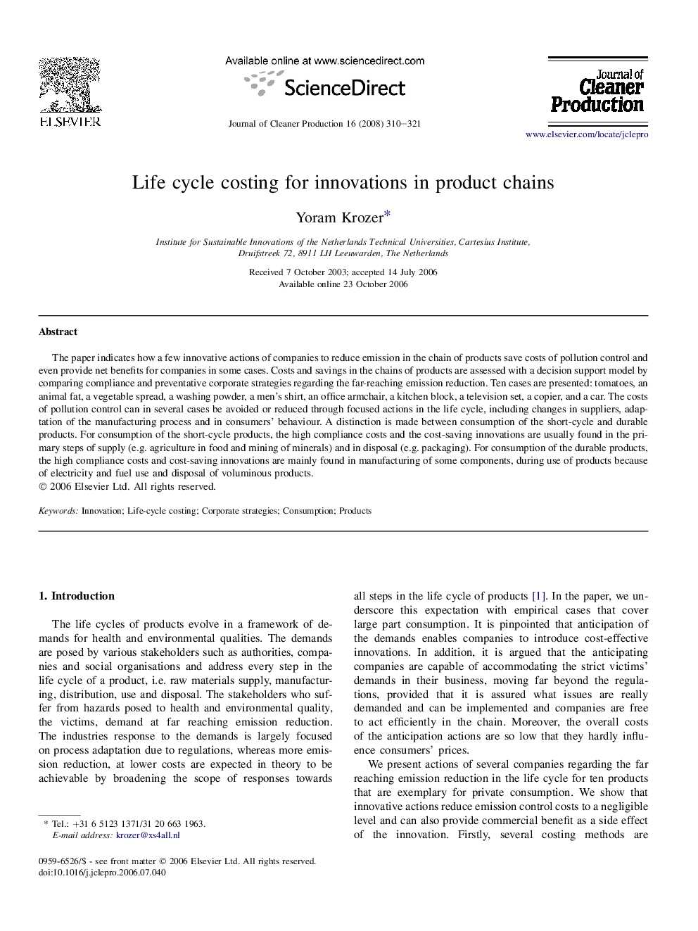 عکس صفحه اول مقاله: Life cycle costing for innovations in product chains Life cycle costing for innovations in product chains
