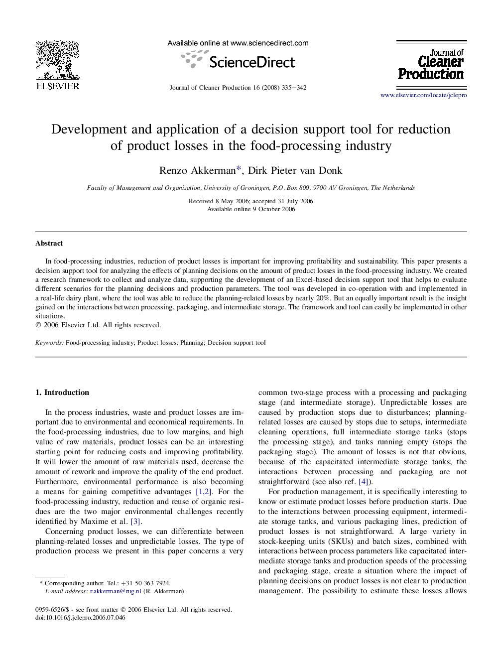 Development and application of a decision support tool for reduction of product losses in the food-processing industry