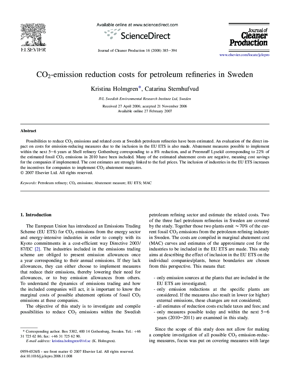 عکس صفحه اول مقاله: CO2-emission reduction costs for petroleum refineries in Sweden CO2-emission reduction costs for petroleum refineries in Sweden