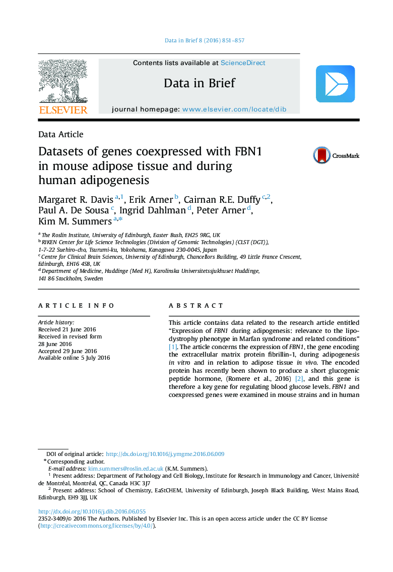 عکس صفحه اول مقاله: Datasets of genes coexpressed with FBN1 in mouse adipose tissue and during human adipogenesis Datasets of genes coexpressed with FBN1 in mouse adipose tissue and during human adipogenesis