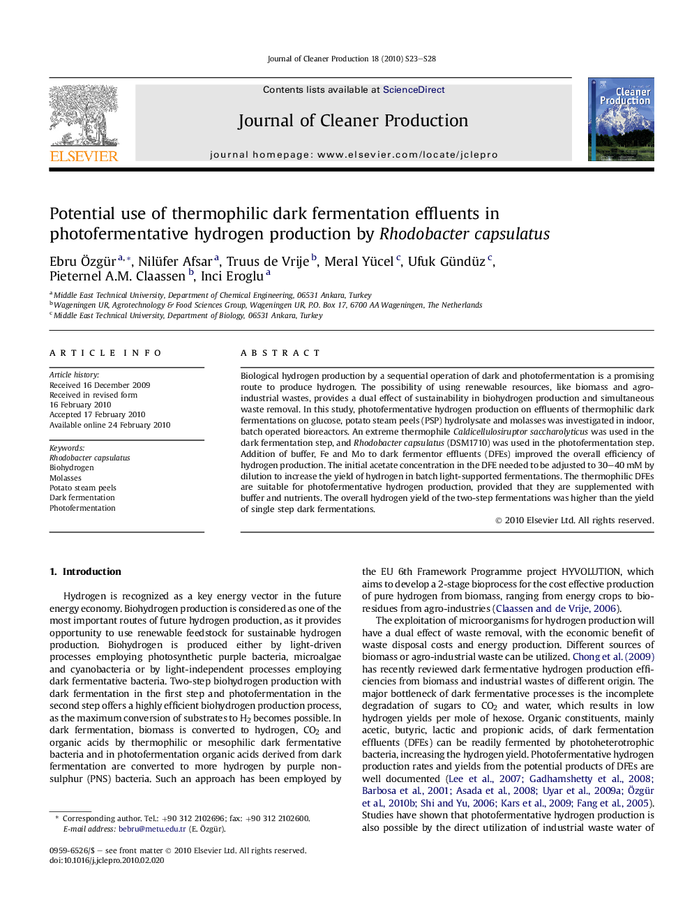 Potential use of thermophilic dark fermentation effluents in photofermentative hydrogen production by Rhodobacter capsulatus