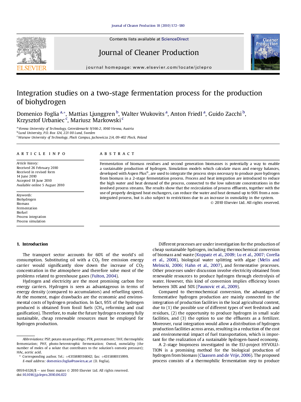 Integration studies on a two-stage fermentation process for the production of biohydrogen