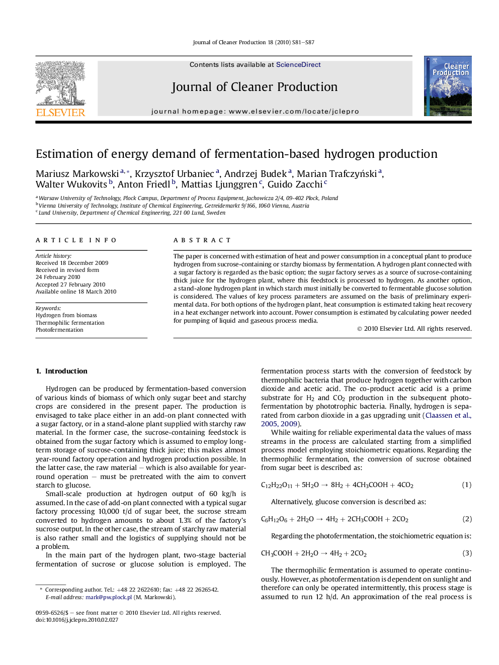 Estimation of energy demand of fermentation-based hydrogen production