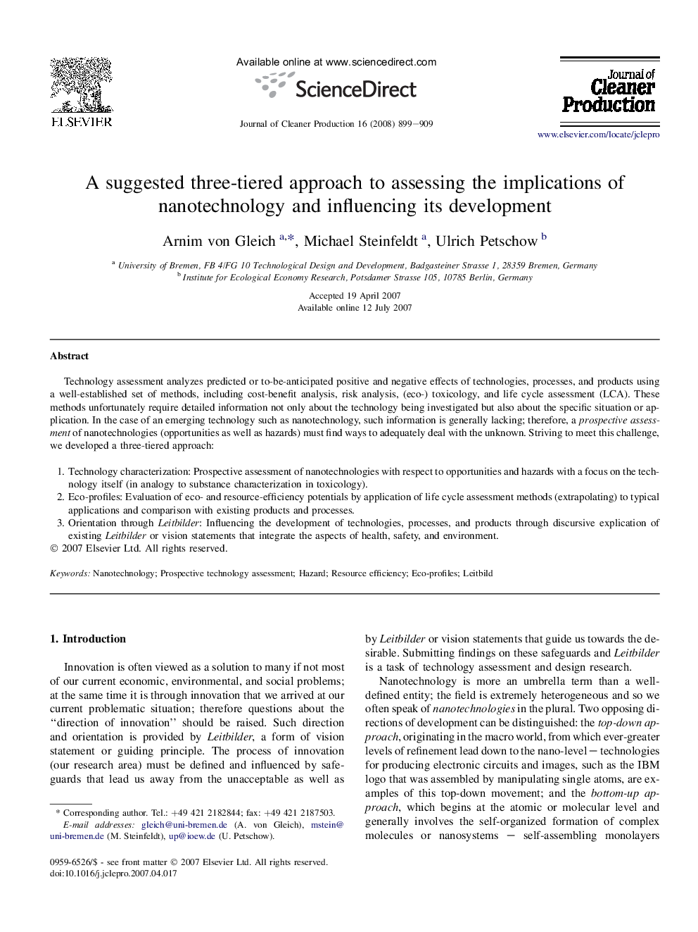 A suggested three-tiered approach to assessing the implications of nanotechnology and influencing its development